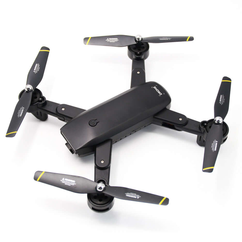 DM107S foldable drone with dual cameras in black with propellers extended.