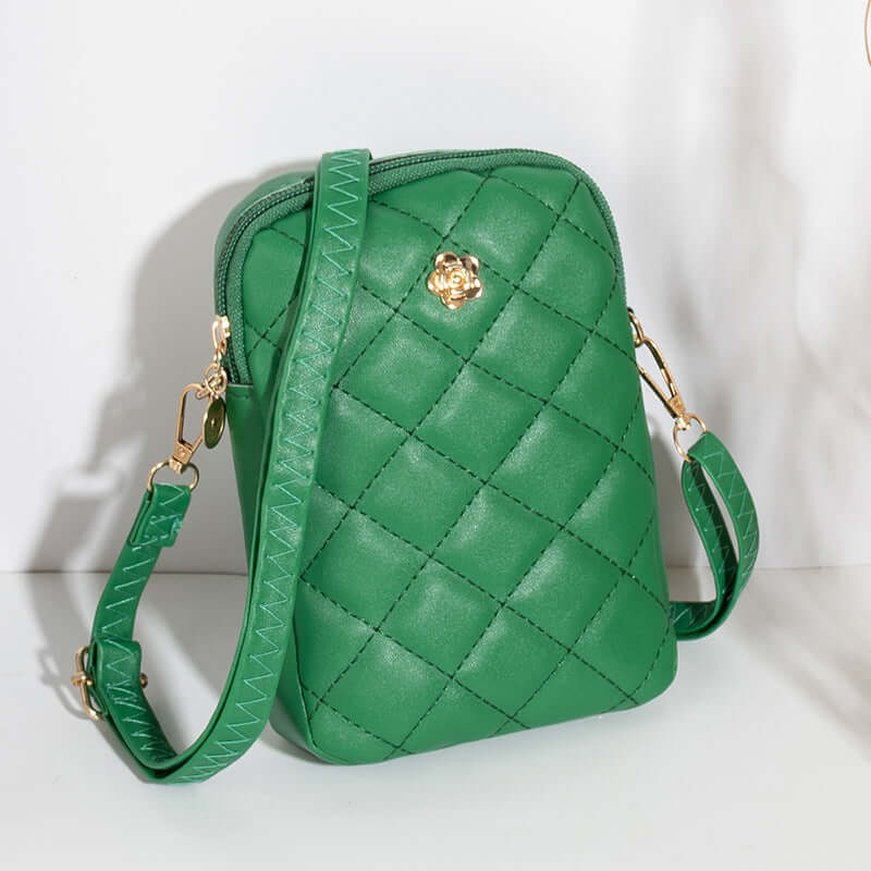 Embroidered Women's Crossbody Bag for Travel and Commuting in vibrant green color with chic quilted design.