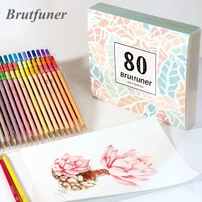 Brutfuner 80 Colors Oily Color Lead Graffiti Pencils displayed alongside a beautifully colored floral illustration.