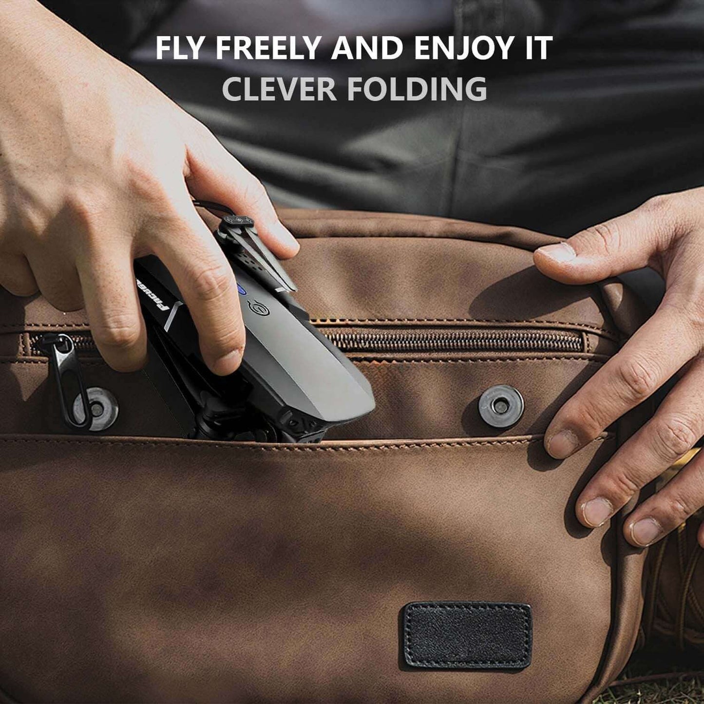 E88 Dual Camera RC Drone being stored in a brown bag highlighting its clever folding design for easy portability.