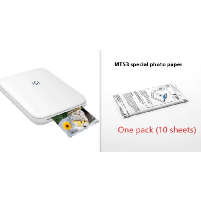 Portable wireless photo printer showcasing a printed photo alongside a pack of MT53 special photo paper (10 sheets).