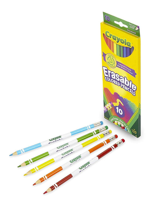 Crayola Erasable Colored Pencils in a box with six colored pencils laid out in front, ideal for artists and students.