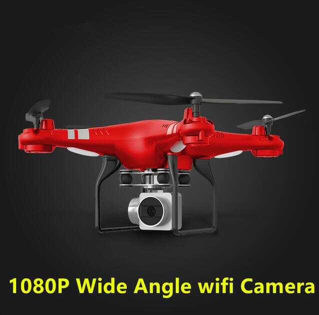 Remote control drone with 1080P camera, featuring a red body and wide-angle wifi camera for aerial photography.