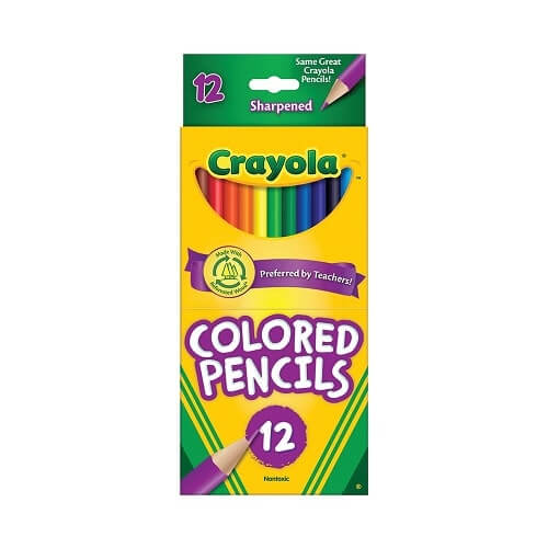 Crayola Colored Pencil Set Assorted Colors 12 Count packaging with sharpened colored pencils in vibrant colors.