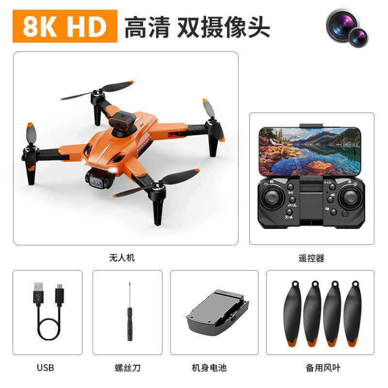 P9 Carbon Fiber GPS Drone with HD Camera and Obstacle Avoidance in orange color with remote control and accessories.