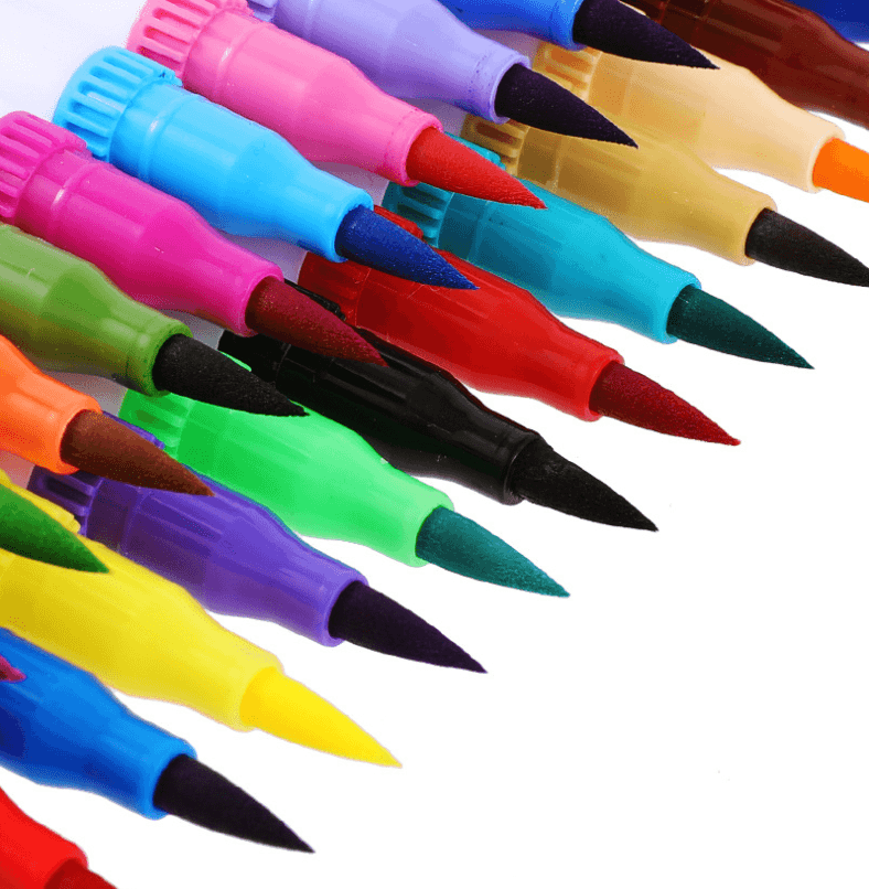 Colorful array of water-based color markers and drawing pens for vibrant artwork and creativity.