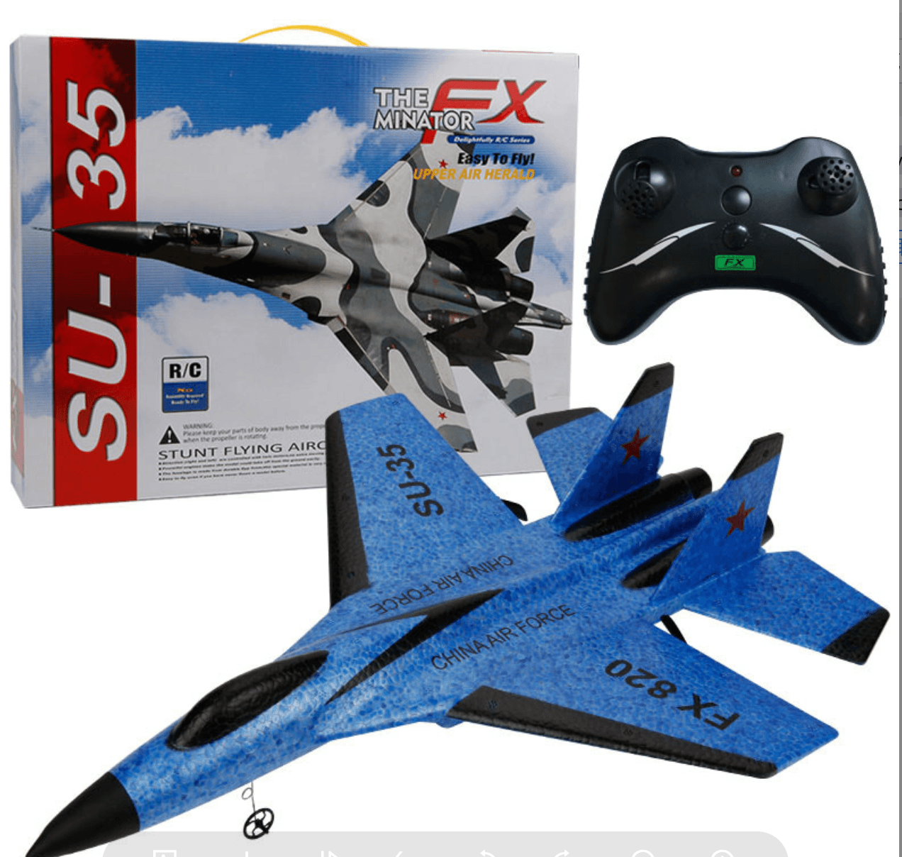 FX820 Electric Remote Control Mini Fighter Plane Model with controller and box, showcasing sleek design and vibrant colors.