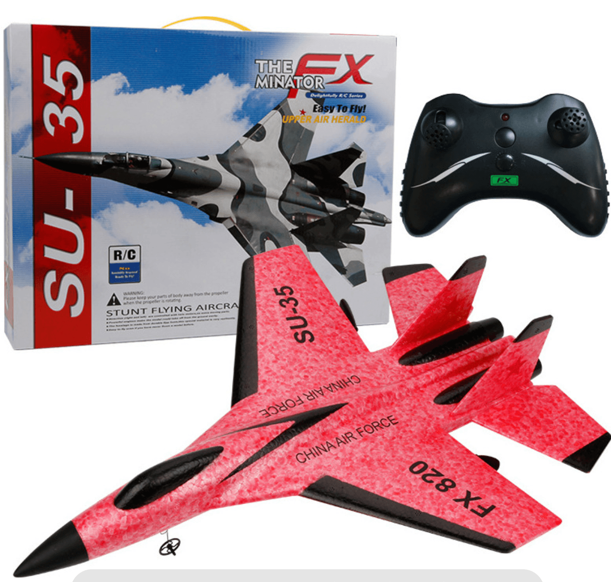FX820 Electric Remote Control Mini Fighter Plane Model with controller and box packaging.