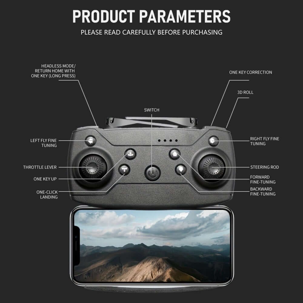 E88 dual camera drone remote controller with smartphone display and operational parameters