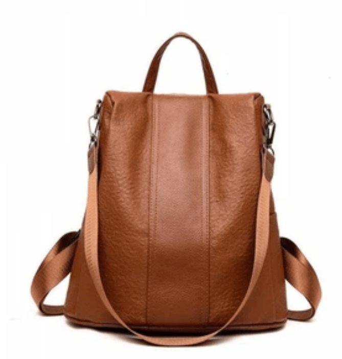 Anti-Theft Women's Backpack, Shoulder Bag in brown leather with adjustable straps and unique design.