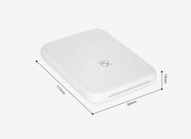 Wireless Color Photo Printer dimensions and design view, showcasing its portable and sleek white exterior.