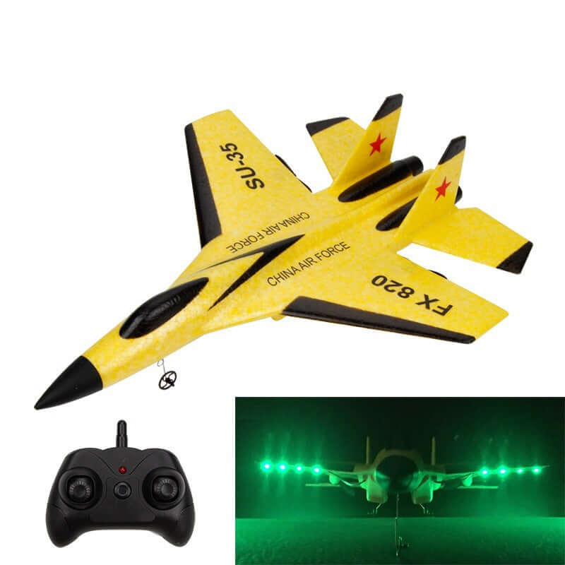 FX820 Electric Remote Control Mini Fighter Plane Model in yellow with remote control.
