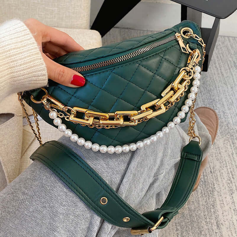 Stylish Women's Diamond Chain Crossbody Bag with quilted texture and elegant pearl accents.