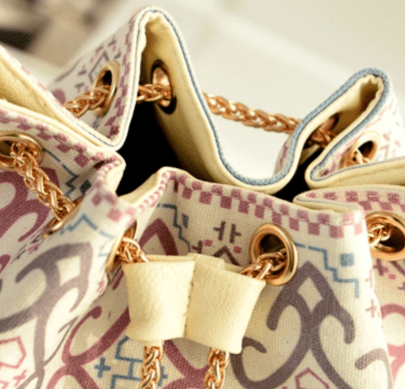Canvas Bag, Ethnic Style Chain Bag, Bucket Bag with unique design and chain handles.