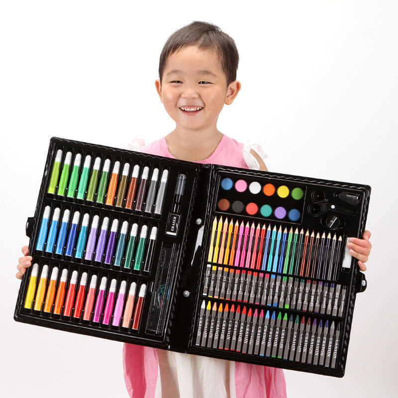 150-Piece Art Set with Colorful Crayons and Markers held by a smiling child showcasing vibrant coloring tools.