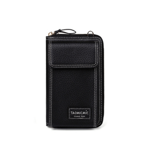 Crossbody shoulder bag in sleek black with zipper, made from high-quality leather for organization and style.