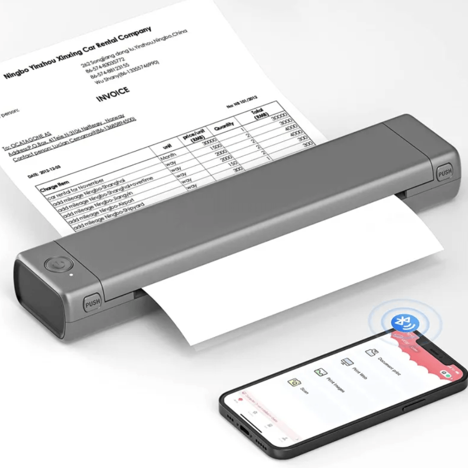 Portable A4 Thermal Printer printing an invoice with smartphone connectivity.