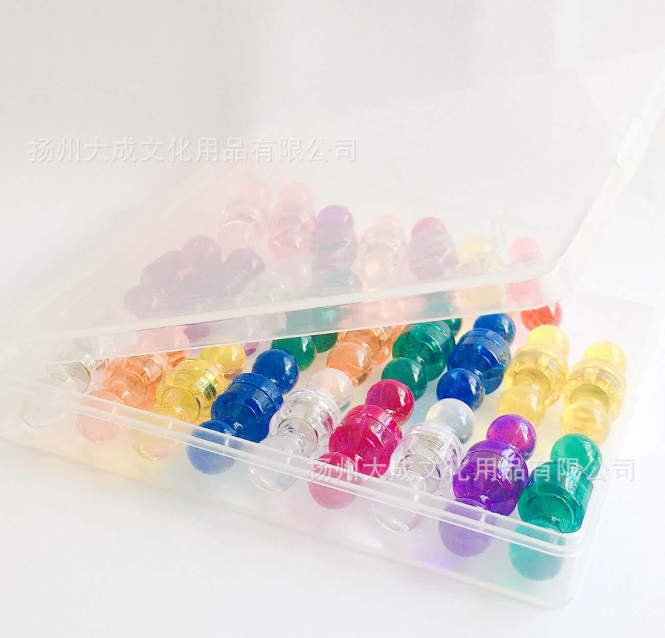 Colorful Magnetic Push Pins in a clear box, featuring a mix of vibrant colors for office and classroom use.