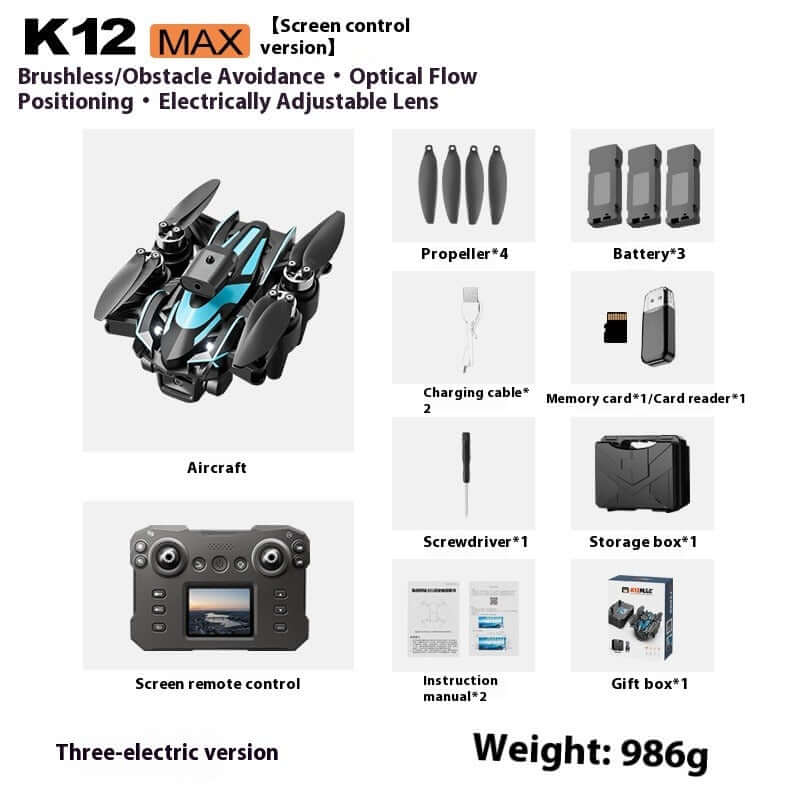 K12MAX Brushless UAV with Screen Remote showing aircraft, screen remote, props, batteries, and accessories.