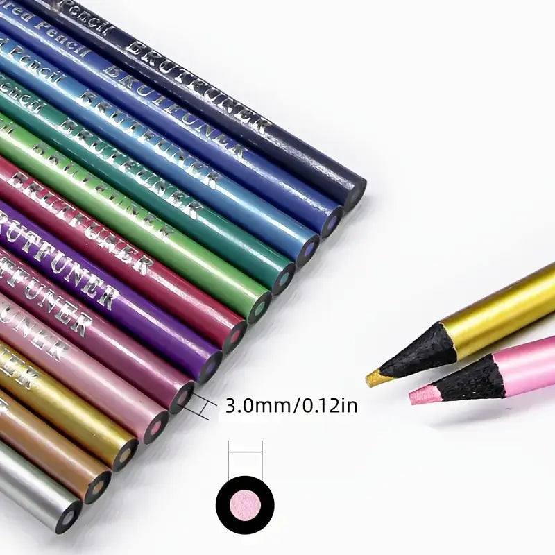 Metallic colored pencils set showcasing 12 vibrant colors with hard wood cores in a durable case for artists.