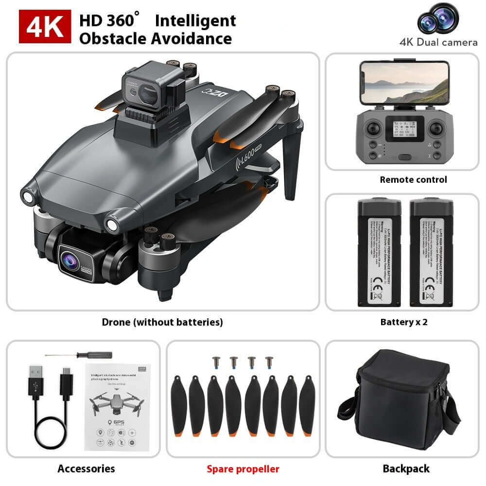 L600PRO Folding Four-axis Drone with 4K HD camera, intelligent obstacle avoidance, and accessories displayed.
