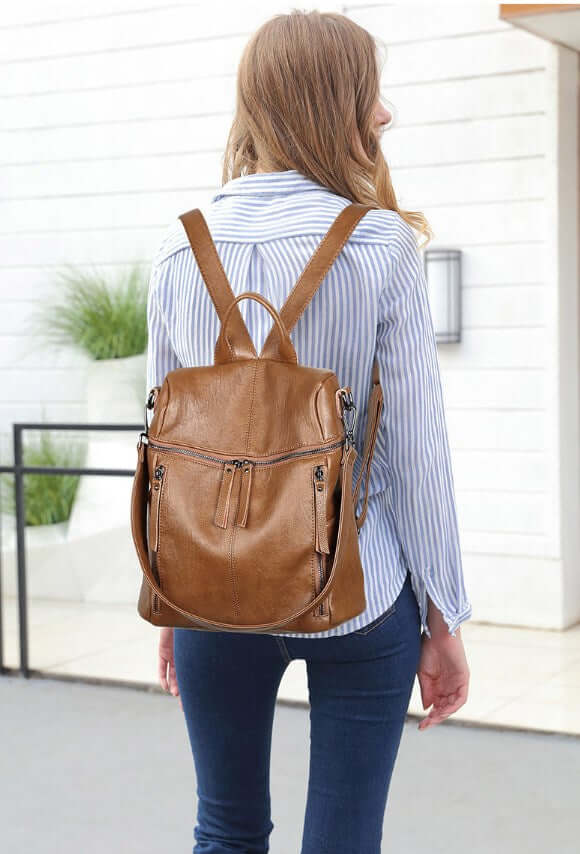Stylish Women's Backpack, Student Backpack, Rucksack in brown leather, perfect for school and casual outings.