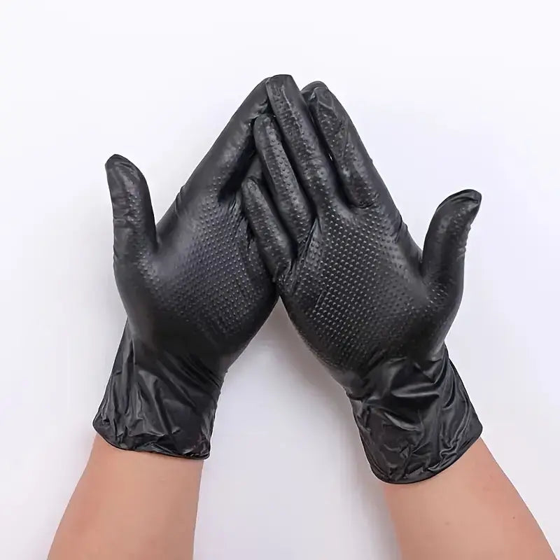 Diamond Pattern Nitrile Gloves displayed on hands, showcasing their durability and texture, ideal for various tasks.