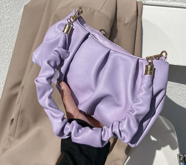 Cloud Bag, Shoulder Bag, Crossbody Bag in soft lavender color with ruffled handle, perfect for stylish everyday use.