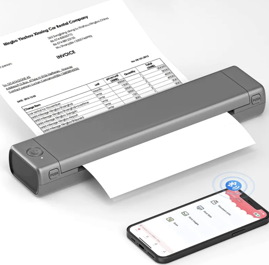 Portable A4 Thermal Printer printing an invoice with a smartphone nearby