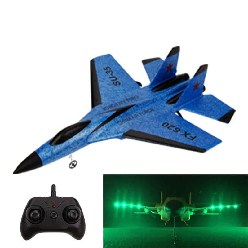FX820 Electric Remote Control Mini Fighter Plane Model in blue with remote