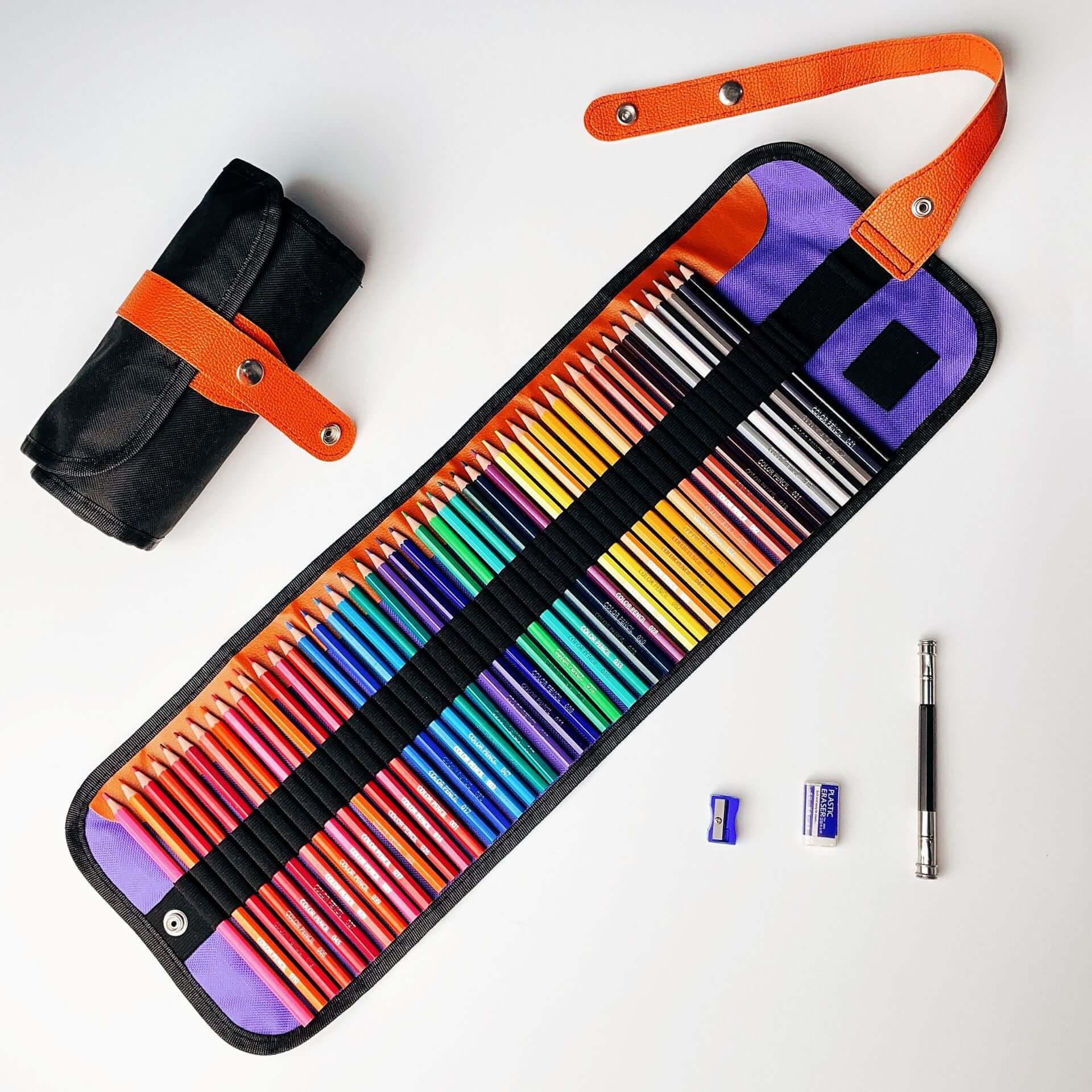 Professional Oil and Water-Soluble Colored Pencils Set neatly arranged in a roll-up case with sharpeners.