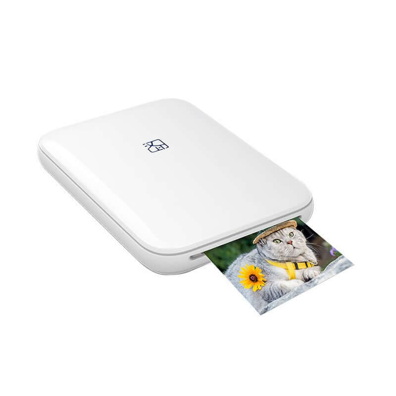 HPRT MT53 HD Wireless Pocket Photo Printer for iOS/Android printing a photo of a cat with a sunflower.