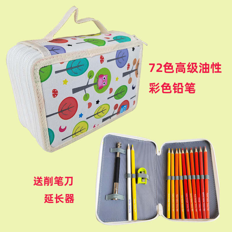 72 Colors Premium Oil-Based Colored Pencil Set in a colorful case with pencils and accessories.