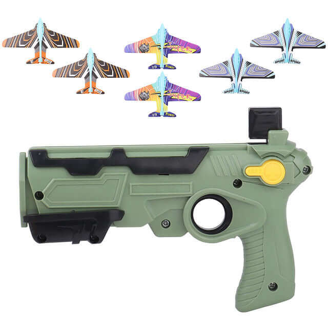 Children's foam plane glider toy launcher with colorful foam planes for outdoor fun.