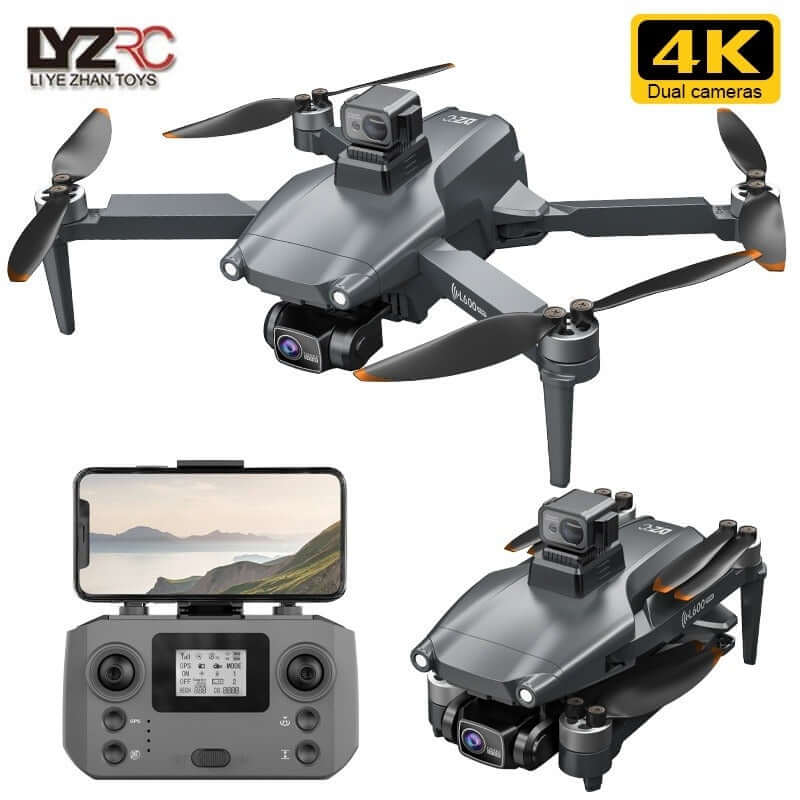 L600PRO folding drone displayed with a remote control and 4K dual cameras, showcasing portability and advanced features.