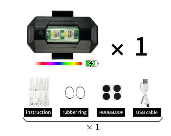 Cross-border warning light for drones and bikes, including instruction, rubber ring, hook&loop, and USB cable.