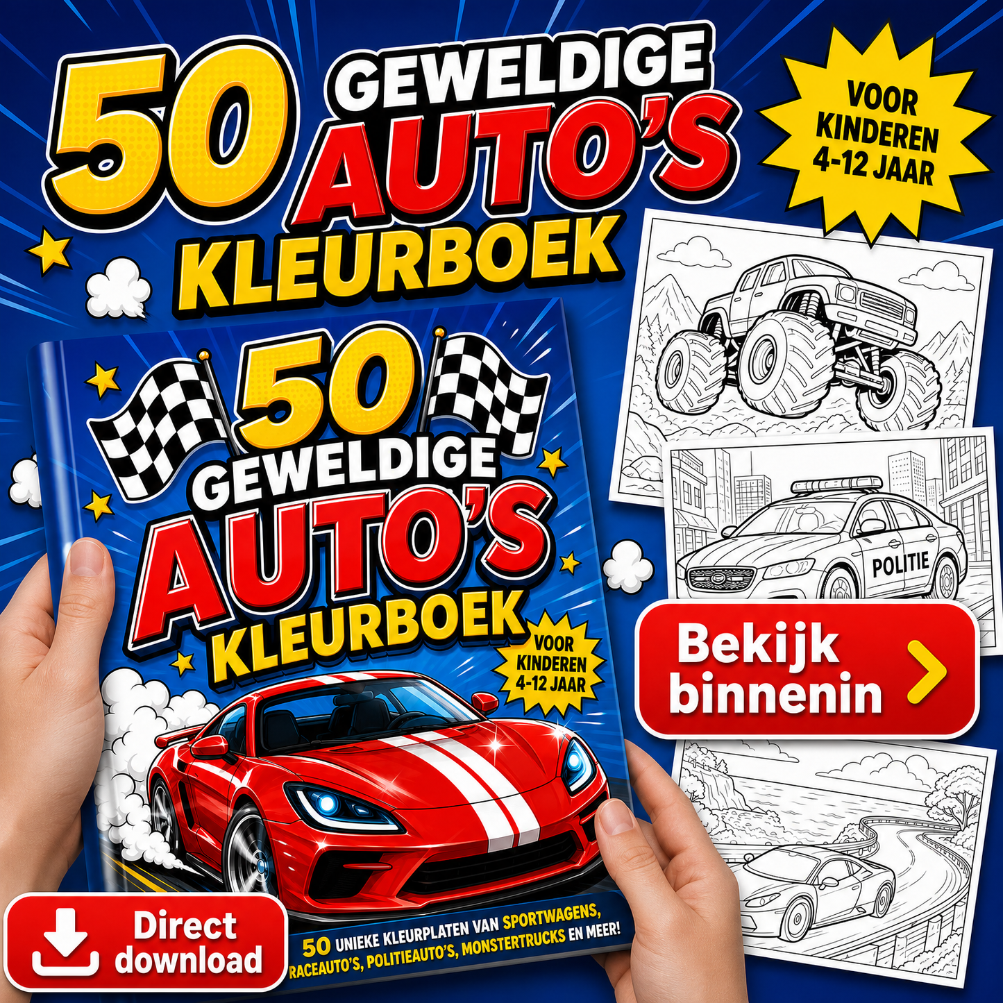 50 Geweldige Auto Kleurplaten – Digitaal Kleurboek voor Kinderen (PDF)