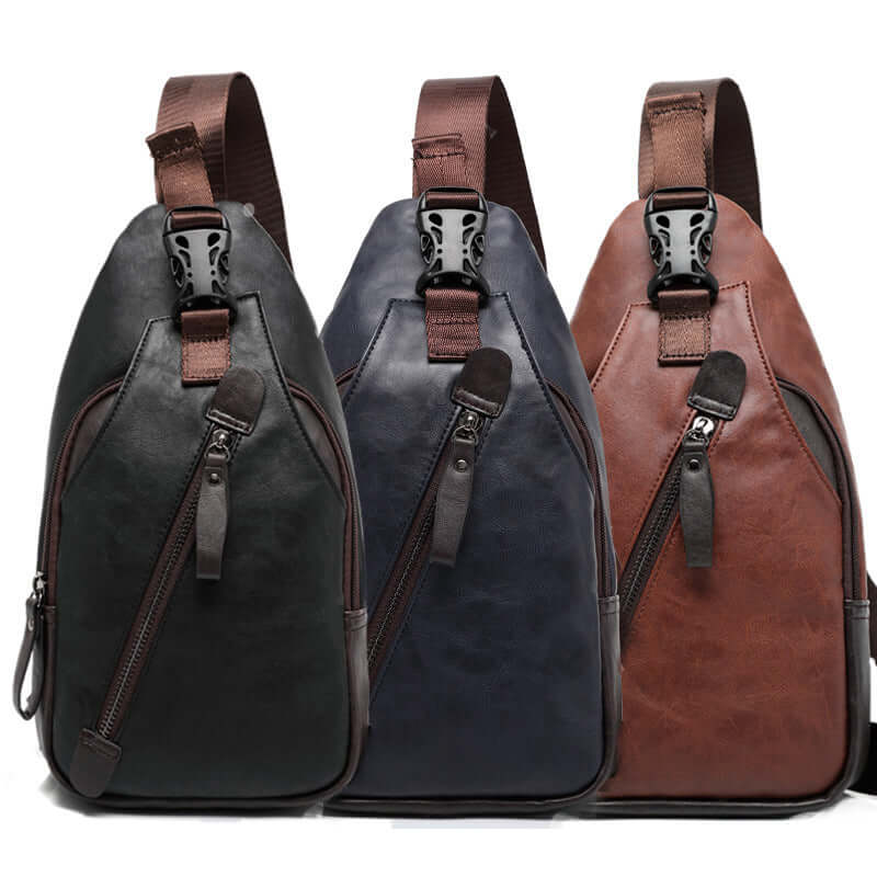 Men's Chest Bag, Shoulder Bag, Crossbody Bag in black, navy, and brown color options.