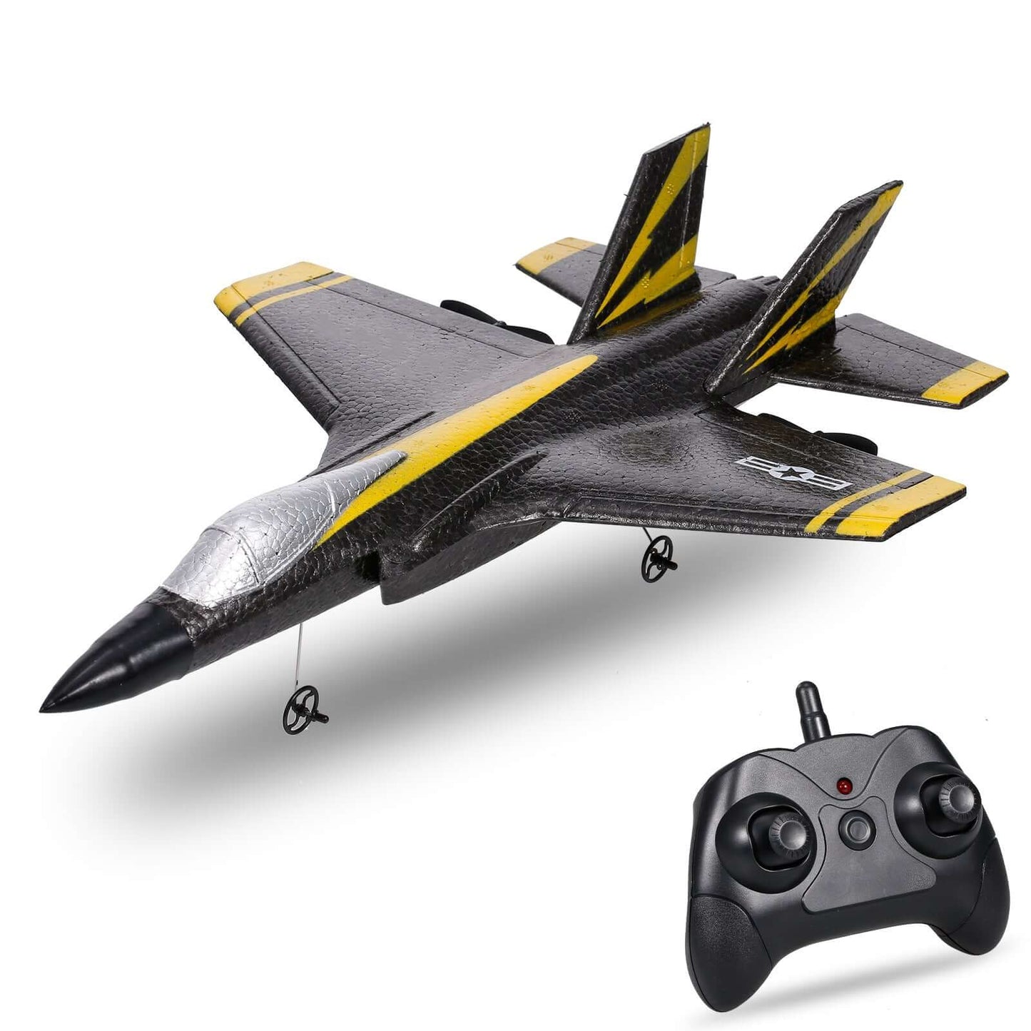 FX820 Electric Remote Control Mini Fighter Plane Model with controller, sleek black and yellow design.