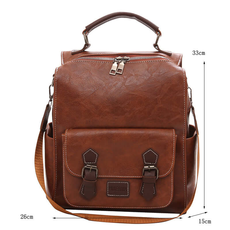 Trendy vintage leather women's travel backpack showcasing a stylish brown PU leather design with spacious interior.