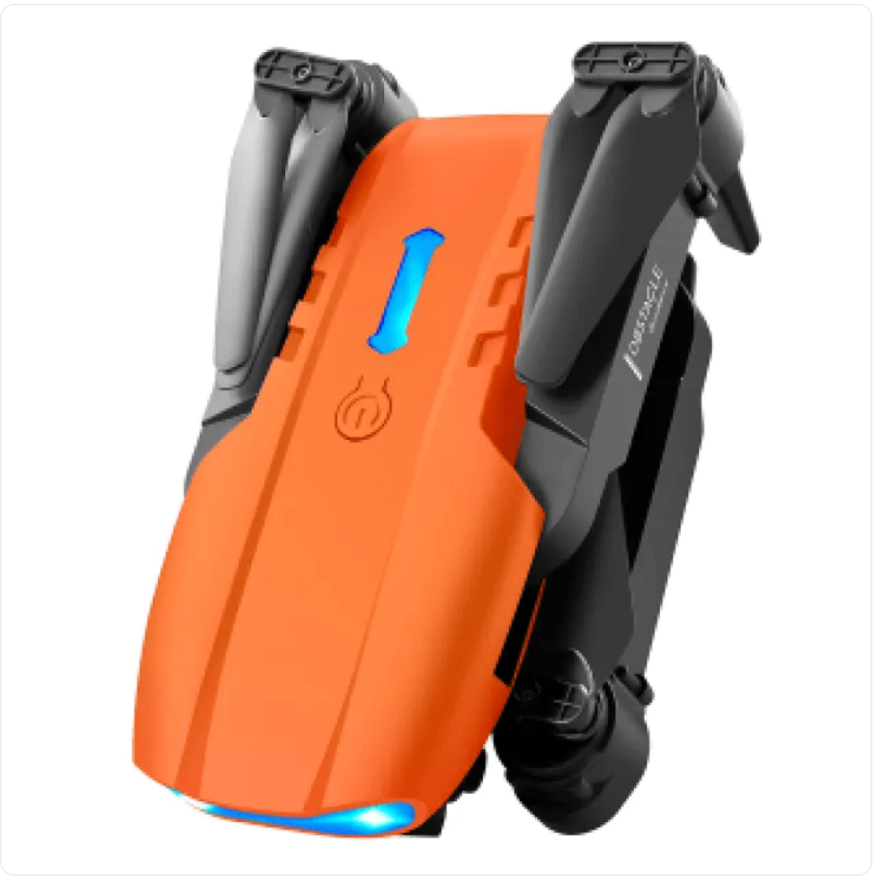E99 Folding 4K Camera Drone with Remote Control in orange, showcasing its compact design and LED light.
