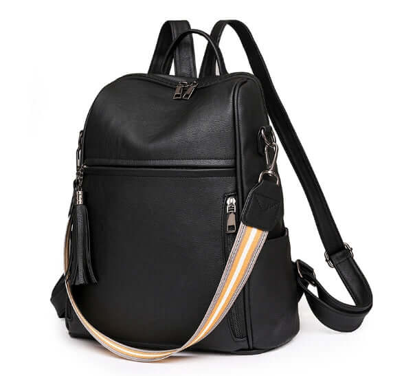 Fashionable Women's PU Anti-theft Travel Backpack in stylish black with unique strap design.