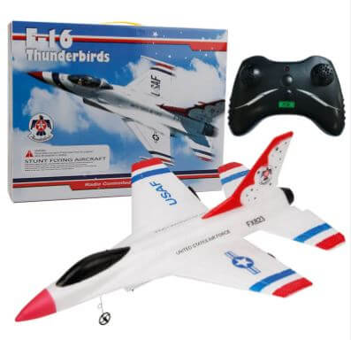 RC plane fighter toy with remote control and packaging showing F-16 Thunderbirds stunt aircraft.