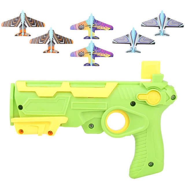 Children's foam plane glider launcher toy with colorful foam planes for outdoor fun.