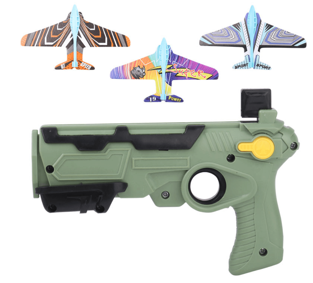 Children's Foam Plane Glider Outdoor Toy Launcher with green launcher and colorful foam planes.