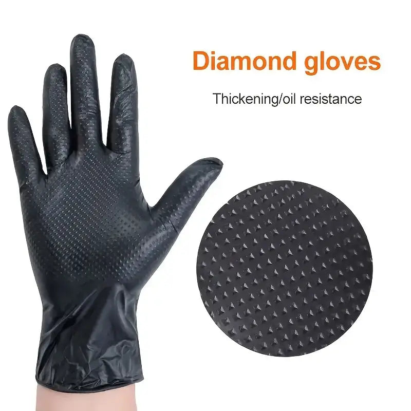 Diamond Pattern Nitrile Gloves - Black disposable gloves featuring diamond pattern for enhanced grip and oil resistance.