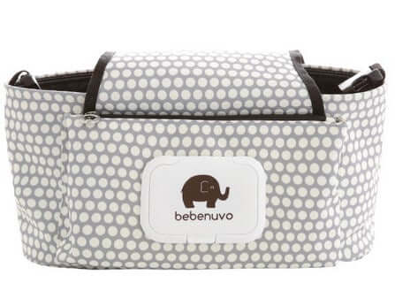 Storage Bag, Mommy Bag, Stroller Hanging Bag in grey with polka dots and elephant design.
