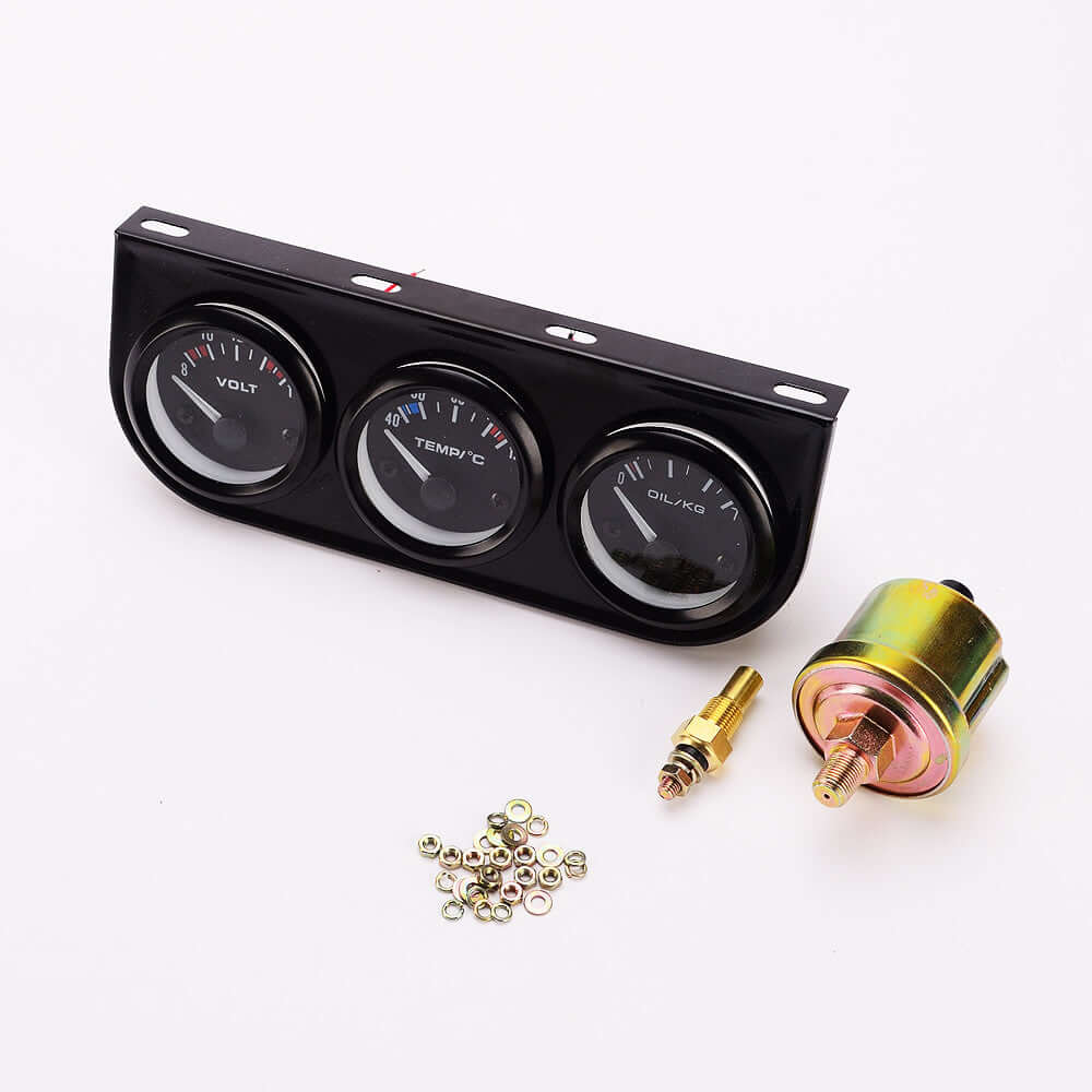 3-in-1 car dashboard gauge featuring voltage, water temperature, and oil pressure gauges with included accessories.