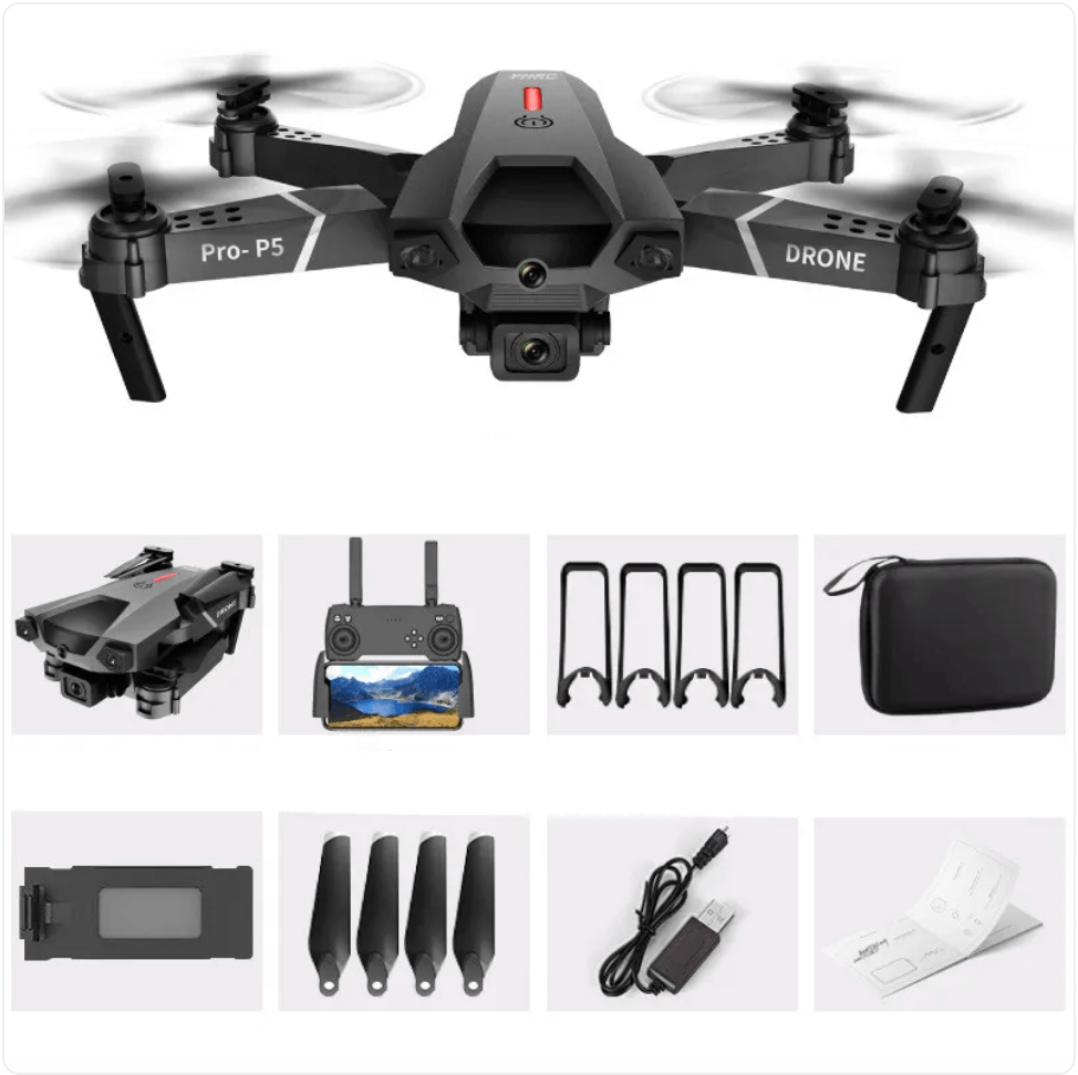 4K Dual Camera Remote Control Drone with accessories including controller, propellers, and carrying case.