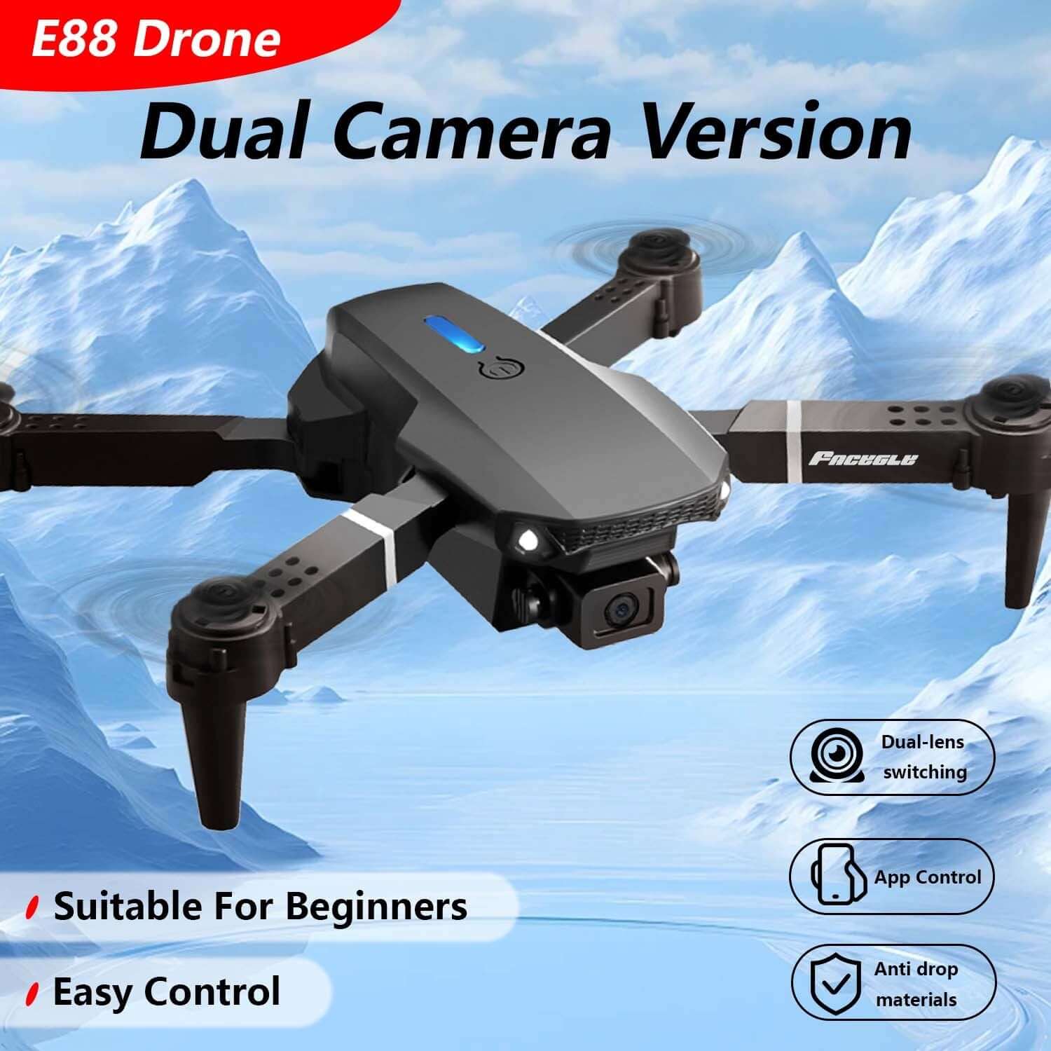 E88 Dual Camera RC Drone showcasing dual cameras, easy control, and beginner-friendly design for outdoor fun.